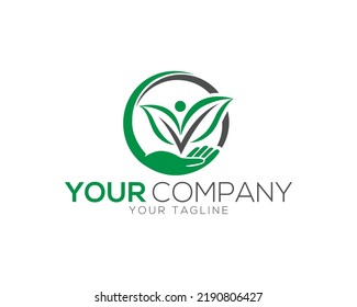 Plant Or Leaf Hand Logo Design With Letter V Mark Symbol Vector Template.