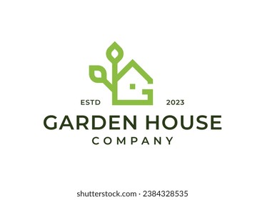 plant leaf with house for garden house logo design illustration
