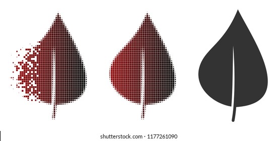 Plant leaf icon in sparkle, pixelated halftone and undamaged entire versions. Pieces are grouped into vector sparkle plant leaf icon.