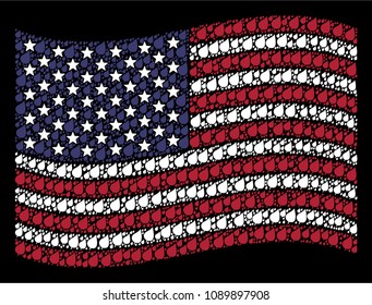 Plant leaf icons are arranged into waving American flag mosaic on a dark background. Vector concept of American state flag is made of plant leaf elements.