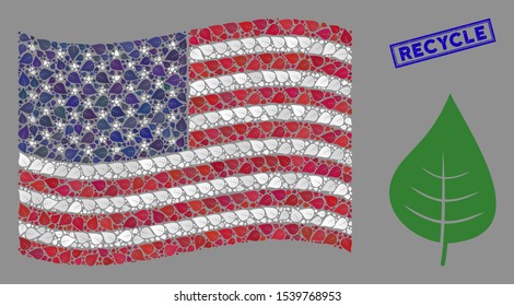 Plant leaf items are organized into American flag mosaic with blue rectangle grunge stamp seal of Recycle phrase. Vector concept of USA waving state flag is organized of plant leaf icons.