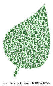 Plant leaf mosaic of dollars and circle points. Vector dollar currency icons are united into plant leaf illustration.
