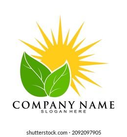 Logotipo vectorial de hoja de planta y ilustración solar