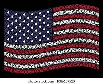 Plant leaf symbols are combined into waving American flag stylization on a dark background. Vector collage of American state flag is designed of plant leaf elements.
