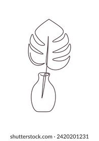 Plant leaf in vase in single continuous line.Drawing of monstera with one line. Simple abstract vector illustration isolated on white background.