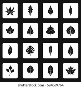 Plant leafs icons set in white squares on black background simple style vector illustration