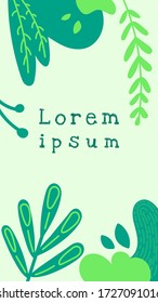 Plant leaves and bushes vertical background template for social network stories or wallpapers. Flat style with place for your text.