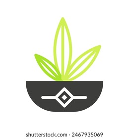 Plant leaves in ceramic vase, herbal cultivation black and green line icon vector illustration