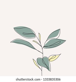 Plant leaves continuous line drawing. One line . Hand-drawn minimalist illustration, vector. 