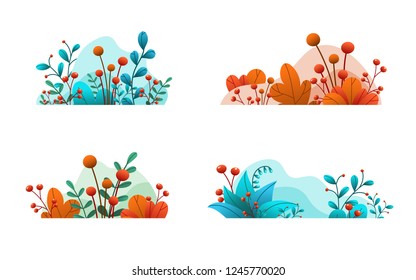Plant leaves   flowers  Set abstract natural banners isolated white background  Intensive floral decorative elements  Hand drawn flat  vector design and gradient 