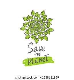 Plant with leaves grows, green circle isolated on white background. Saving planet concept emblem. logo, mandala. Icon Vector hand sketched logotype, leaf label template for vegan food package design