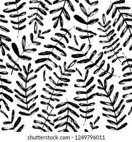 Plant leaves hand drawn seamless pattern. Ink brush texture with tree branches. Handdrawn acacia, laurel twig. Black and white grunge brushstroke drawing. Botanical textile, wrapping paper vector fill