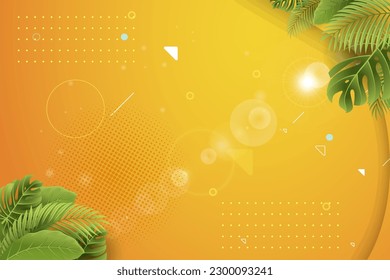 Plant leaves on the blank orange paper frame over the yellow background