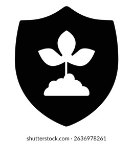 Plant with leaves on safety emblem solid icon, eco tourism concept. Vector graphics. Protection shield with leaf plant sign on white background, style mobile or design