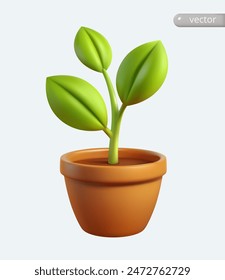 Plant with leaves in pot. 3d cartoon style. Gardening concept. Vector realisticimage