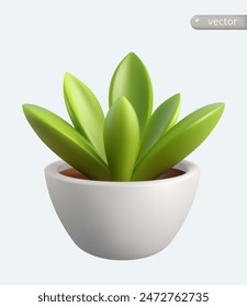 Planta con hojas en maceta. Estilo de dibujos animados 3d. Concepto de jardinería. Vector Imagen realista