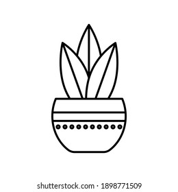 Plant with leaves in pot. Black line icon on white background. Gardening, cozy home, interior details, naturalness