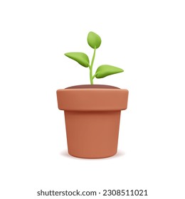 Plant with leaves in pot. Flower, grass. Gardening concept. 3d vector illustration. Trendy style.