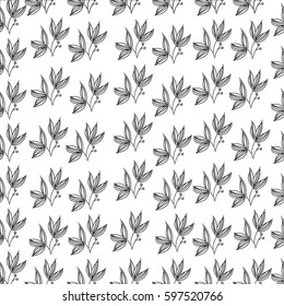 Plant with leaves seamless pattern. Freehand drawing vector  design. Black and white  seamless pattern.