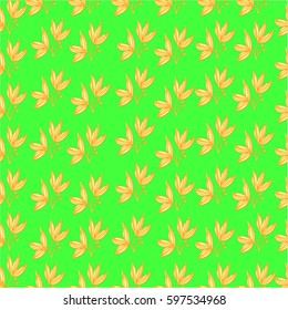 Plant with leaves seamless pattern on a green background. Freehand drawing vector  design. Mood spring summer.


