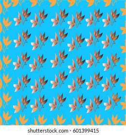 Plant with leaves seamless pattern on a bright blue background. Freehand drawing vector  design. 