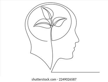 Las plantas dejan crecer las semillas en el concepto cerebral. Dibujo continuo de una línea de la cabeza humana con una planta. Piensa en verde.