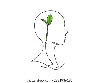 Plant leaves seed grow in brain concept. Continuous one line drawing of human head with a plant inside. Think green.