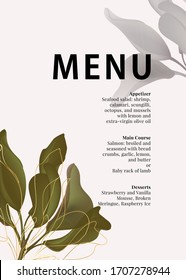 Plant leaves with shadows and gold elements trendy boho design template in vector. Modern jungle luxury vip design, birthday card, holiday template, vintage illustration. Paradise garden vacation art.