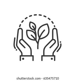 Plant Of Life - Modern Vector Single Line Icon. An Image Of A Green Flower With Hands Around It . Representation Of Better Future, Hope, Creation, Eco Lifestyle.