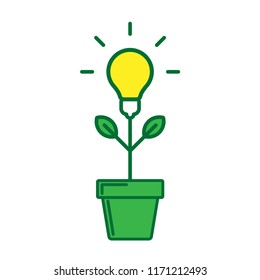 Plant with light bulb, concept for creative innovative work, investing into ideas, growing business