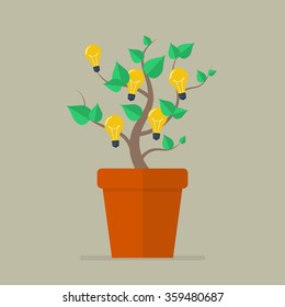 Plant with light bulb idea flat icon. Vector Illustration