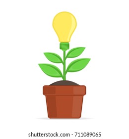 Plant with light bulb in a pot isolated on white background. Growing idea concept. Design element for creative work, investing into ideas, business or innovation. Vector illustration in flat style.