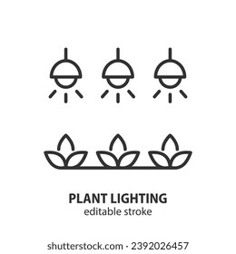 Plant lighting line icon. Light in the greenhouse symbol. Editable stroke. Vector illustration.
