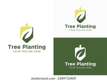 plant logo design, logo design combination of plant planting tools or shovel with simple leaves vector