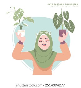 plant lover muslim girl character illustration