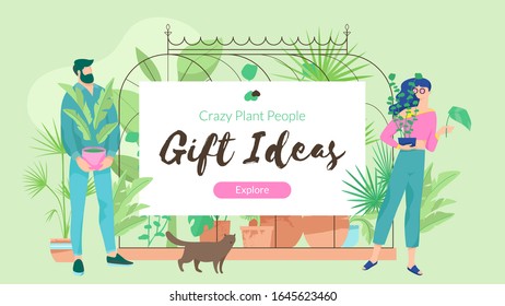 Plant lover poster horizontal with man and woman character and words Plant Lovers Gift Ideas. Modern faceless people template.