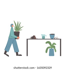 Plant lover. Smiling person wearing cozy clothes holding in hands indoor flower and going to transplanting it. Plant growing hobby concept. Vector flat color illustration.