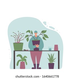 Plant lover. Smiling person wearing in cozy clothes and hat holding in hands indoor flower. Plants therapy concept. Vector flat color illustration.