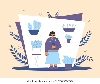 Plant lover. Smiling person wearing in cozy clothes holding in hands indoor flowers isolated on white background. Young woman with short hair standing with her homeplants. Vector flat illustration.