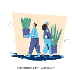 Plant lovers club members. Smiling persons wearing in cozy clothes holding in hands indoor flower. Plants therapy concept. Group of friends standing together. Vector flat color illustration.