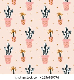 Plant lovers seamless pattern. Growing potted flowers illustration, gardening love, urban jungle woman concept in hygge scandinavian style. Vector EPS clip art design