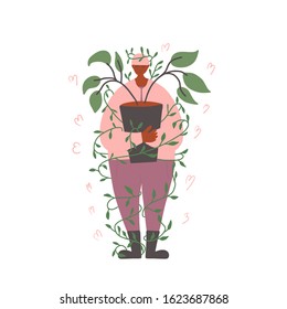Plant loverwith climers vine. Cute person wearing in casual clothes and hat holding in hands indoor flower  and surrounded hearts signs isolated on white background. Vector flat illustration.