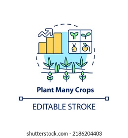 Plant many crops concept icon. Growing seedlings. Increasing farming productivity abstract idea thin line illustration. Isolated outline drawing. Editable stroke. Arial, Myriad Pro-Bold fonts used