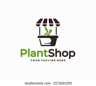 Plant Market Logo Design. House Plant Shop, Garden Plant Nursery Store Vector Design. Market Stall And Flower Pot With Plant Logotype