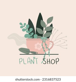 Plant market logo design. House plant shop, garden plant nursery store. Flower pot, farm growing flowers. Gardening tools store. Flat vector illustration