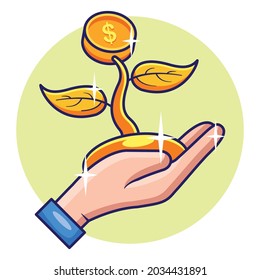 Plant Of Money Coin Growth On Hands Business Investment Growth Concept Design. Premium Vector