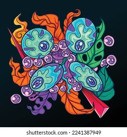 Plant monster eyes and Water bubbles Illustration