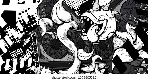 Plant monster illustration design with black and white abstract textured background, vector, halftone, eps 10, editable.