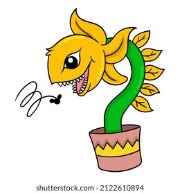 the plant monster is in the pot eating insects, vector illustration art. doodle icon image kawaii.