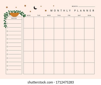 Plant Monthly Planner Template in Vector with Plants for Notes, To Do List, Shopping List and More.